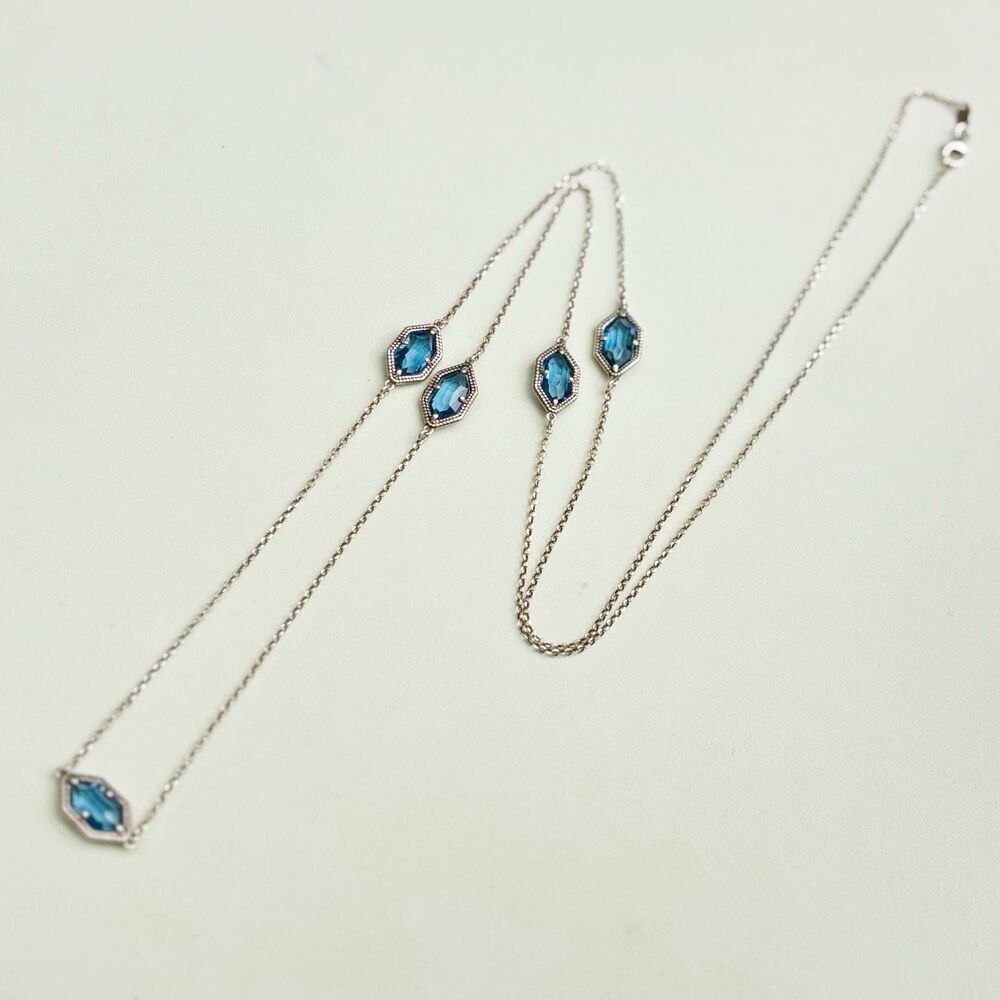 Dyadema Italy 925 Sterling Silver Rose Gold Tone Blue Crystal Station Necklace - Picture 2 of 6
